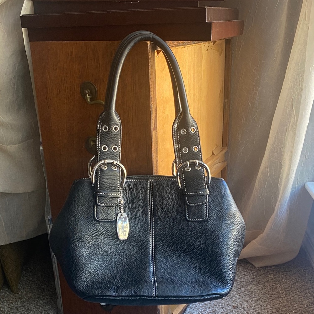 Tignanello Black Pebbled Leather Shoulder Bag with Silver Buckle Accents